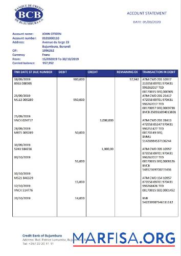 Realistic Burundi Credit Bank of Bujumbura bank statement word sample